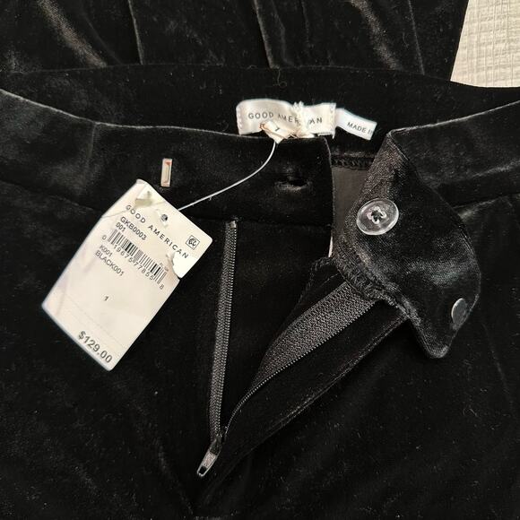 Good American Velour Pants Flare Legs WMNS 1 Black Velvet High Waisted Slimming - Picture 8 of 12